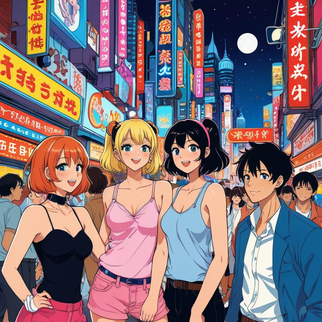 A whimsical and colorful illustration depicting a diverse group of anime and manga characters engaging in playful antics, surrounded by iconic symbols of adult entertainment, all intertwined with elements of comic-style speech bubbles. The background features a vibrant cityscape with neon lights to create a lively atmosphere, while a subtle cheeky edge is apparent in the characters' expressions. Cartoonish style, vibrant colors, playful design.