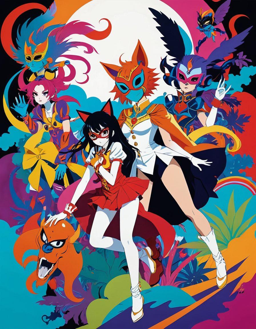 A vibrant collage featuring dynamic anime characters in playful, daring poses, exploring a colorful landscape of exaggerated fantasy elements. Include subtle hints of adult themes through suggestive but tasteful imagery, such as playful masks and seductive attire, while maintaining a whimsical atmosphere. Surround the characters with abstract shapes and vivid colors that evoke a sense of adventure and mischief. Pop art style. vibrant colors. white background.