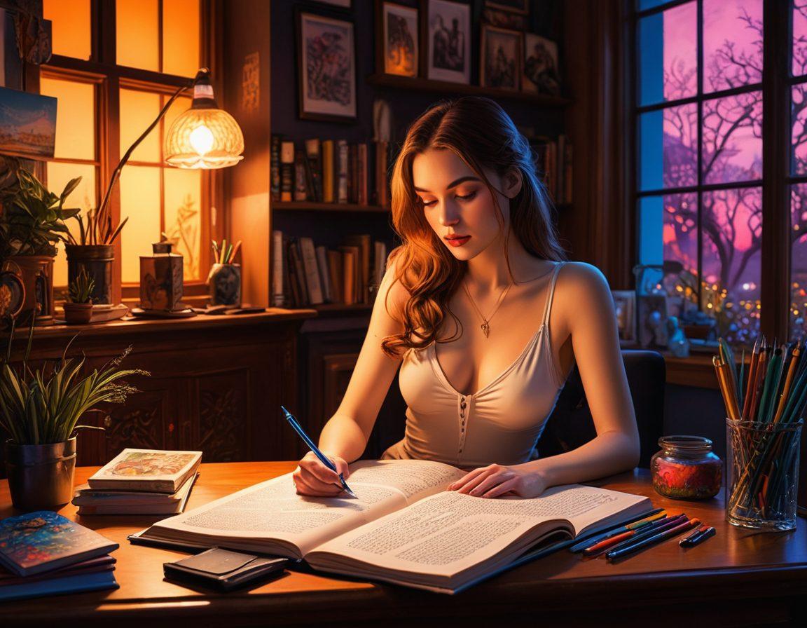 An alluring scene featuring an open erotic graphic novel, with vibrant illustrations of sensual characters and intricate details, surrounded by art supplies like pens and inks. The background should include a softly lit cozy workspace that hints at creativity and passion. Ethereal lighting that draws focus to the book's provocative imagery and evokes curiosity. A blend of whimsical and slightly dark aesthetic elements to reflect the diverse nature of the genre. vibrant colors. cozy ambiance. artistic style.